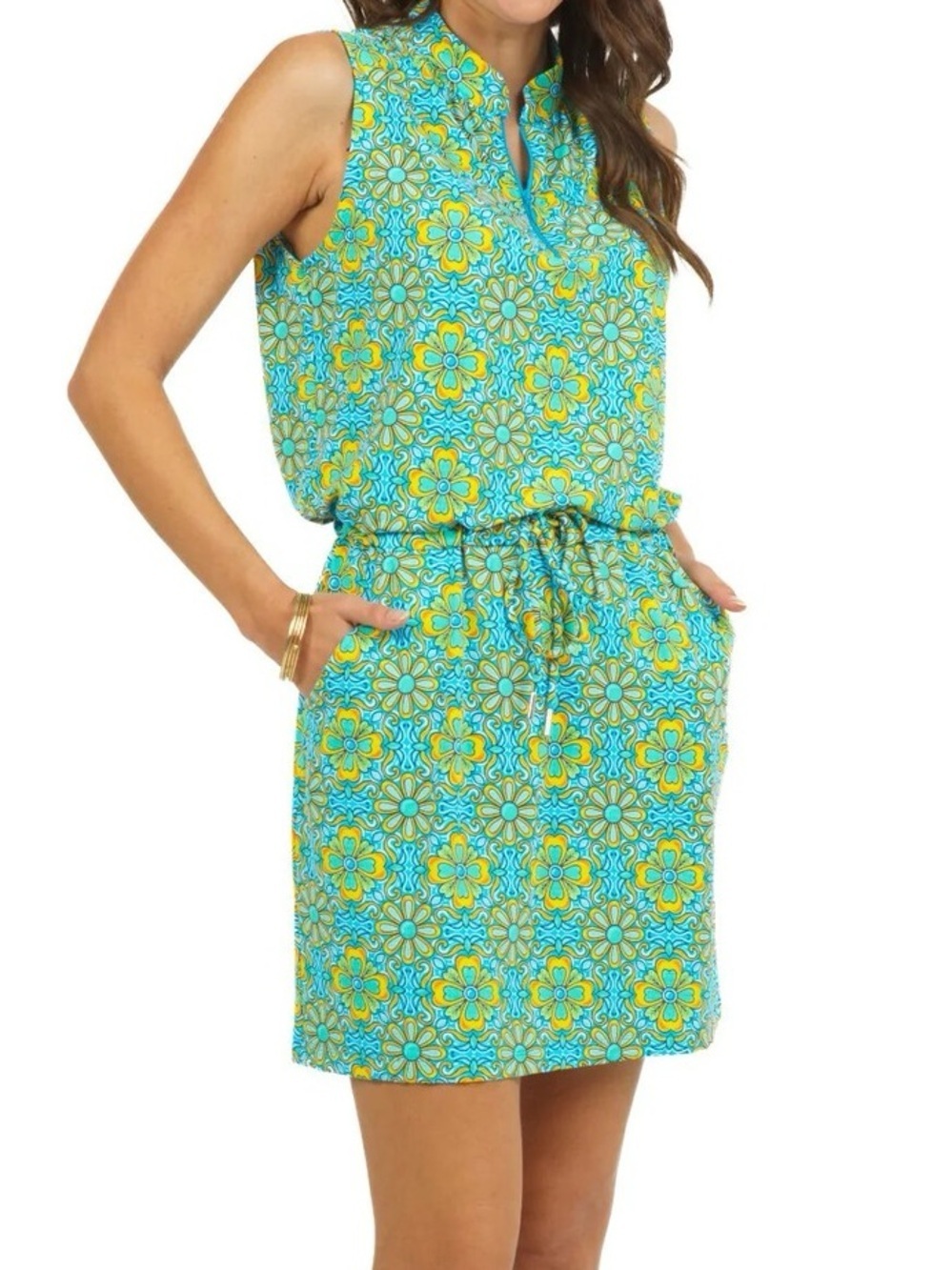 IBKUL Turquoise Scarlet UPF 50+ Sleeveless Drawstring Dress Golf Tennis Size XS